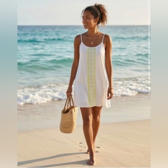 Dresses & Skirts - Silky Embroidered Boho Slip Dress Size M Coastal Lime Geometric Mini Size Medium